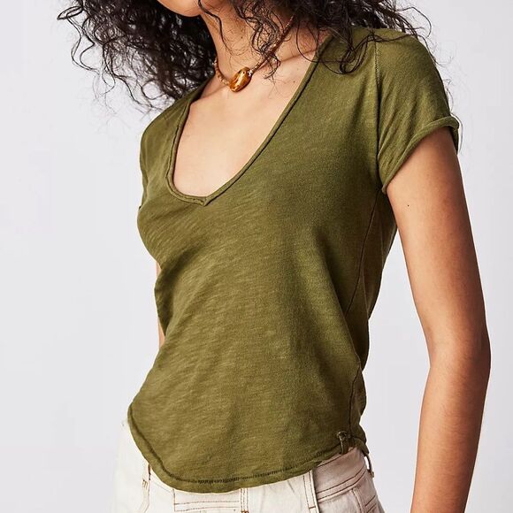 Free People Olive Green Sunny Days Ahead Tee Shirt Top M - Picture 1 of 8